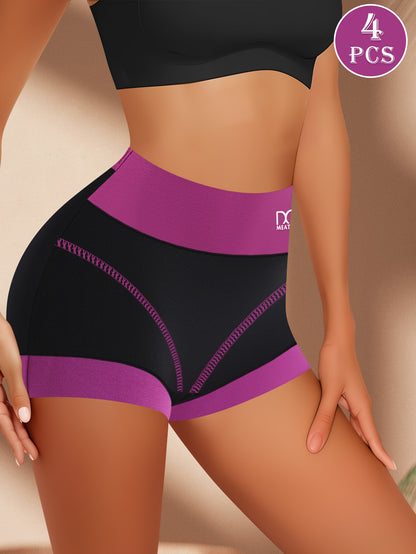 Set of 4 High Waist Women'S Boxer Briefs with Full Coverage And Contrast Colors, Comfortable And Breathable Spliced Design - The Top Choice for Women