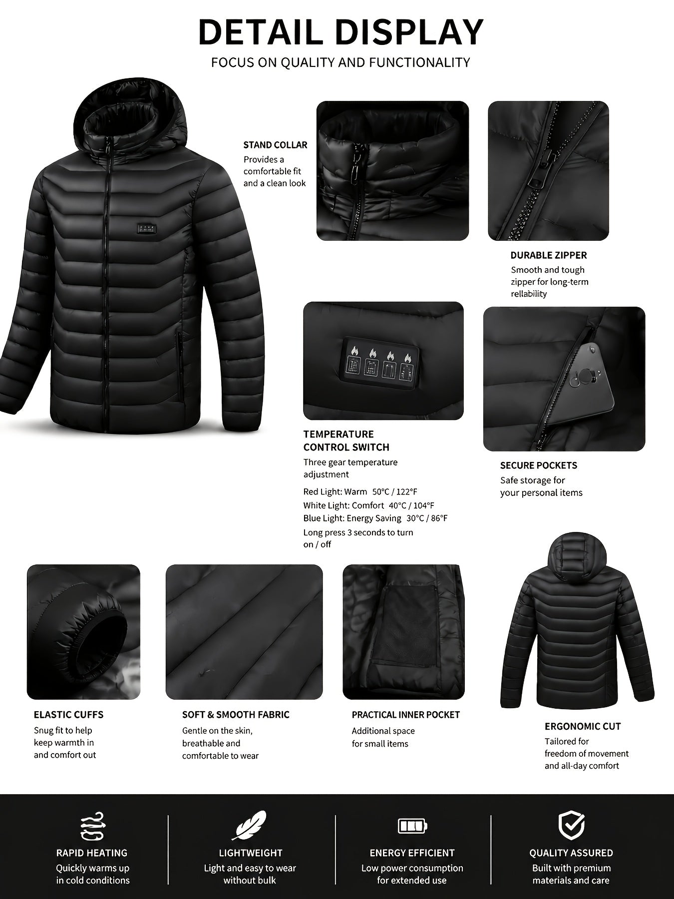 Heated Jacket with Pocket Pullover, Couple's Style Coat, Suitable for Outdoor Activities In Autumn And Winter, New Year's Outfit, Birthday Gift, Three Adjustable Temperature Settings, USB Interface (battery Not Included)