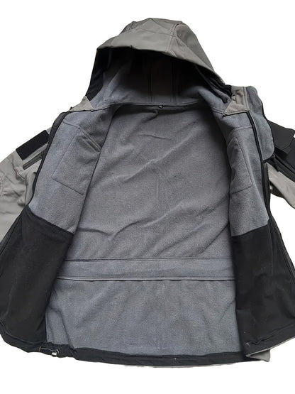 Winter Shark Skin Softshell Hooded Jacket Multi-pocket Tactical Windbreaker for Outdoor Adventures -lined Thermal Fabric Ideal for Snowy Weather and Hiking ExcursionsWinter Shark Skin Softshell Hooded Jacket Multi-pocket Tactical Windbreaker Fo