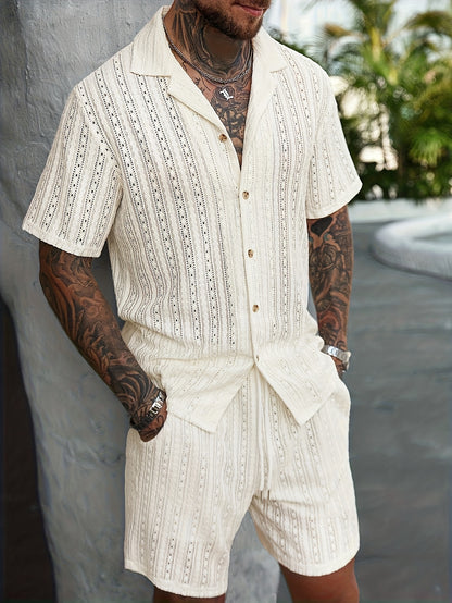 2pcs/Set Men's Solid Color Button- Hollow Shirt And Shorts Set, Vacation Solid Color Husband Casual Wear, Suitable for Vacation, Seaside Beach, Daily Leisure, Summer Wear Men Vacation Outfits Men 2pcs Outfits Summer, Cozy Outfits