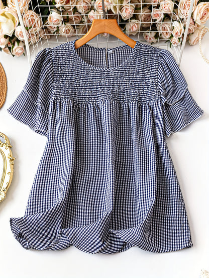 Plus Size, Women's Plus Size Short Sleeved Checkered Shirt Summer Casual Round Neck Outdoor Casual Top