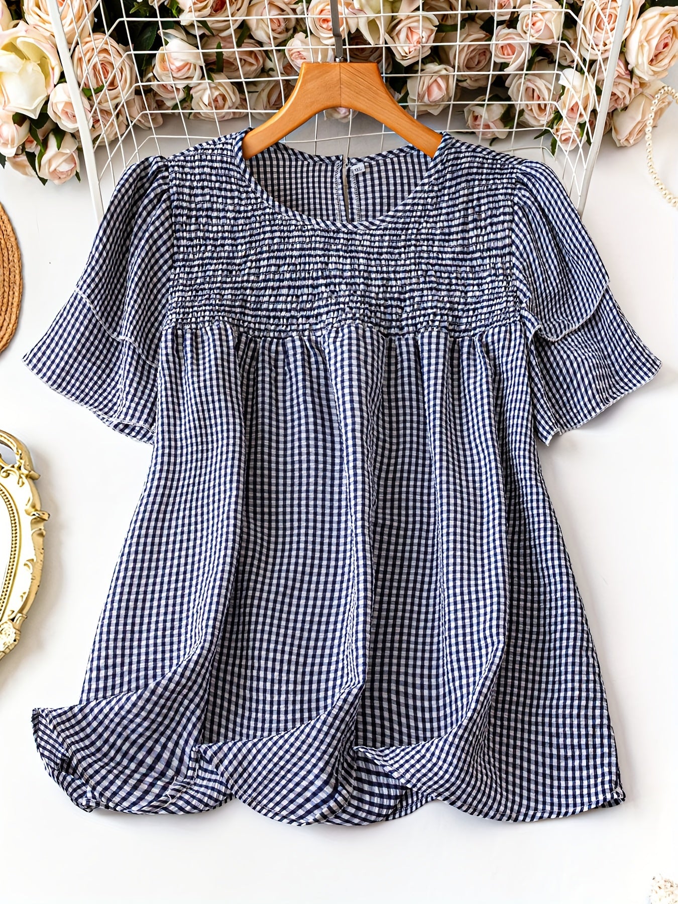 Plus Size, Women's Plus Size Short Sleeved Checkered Shirt Summer Casual Round Neck Outdoor Casual Top