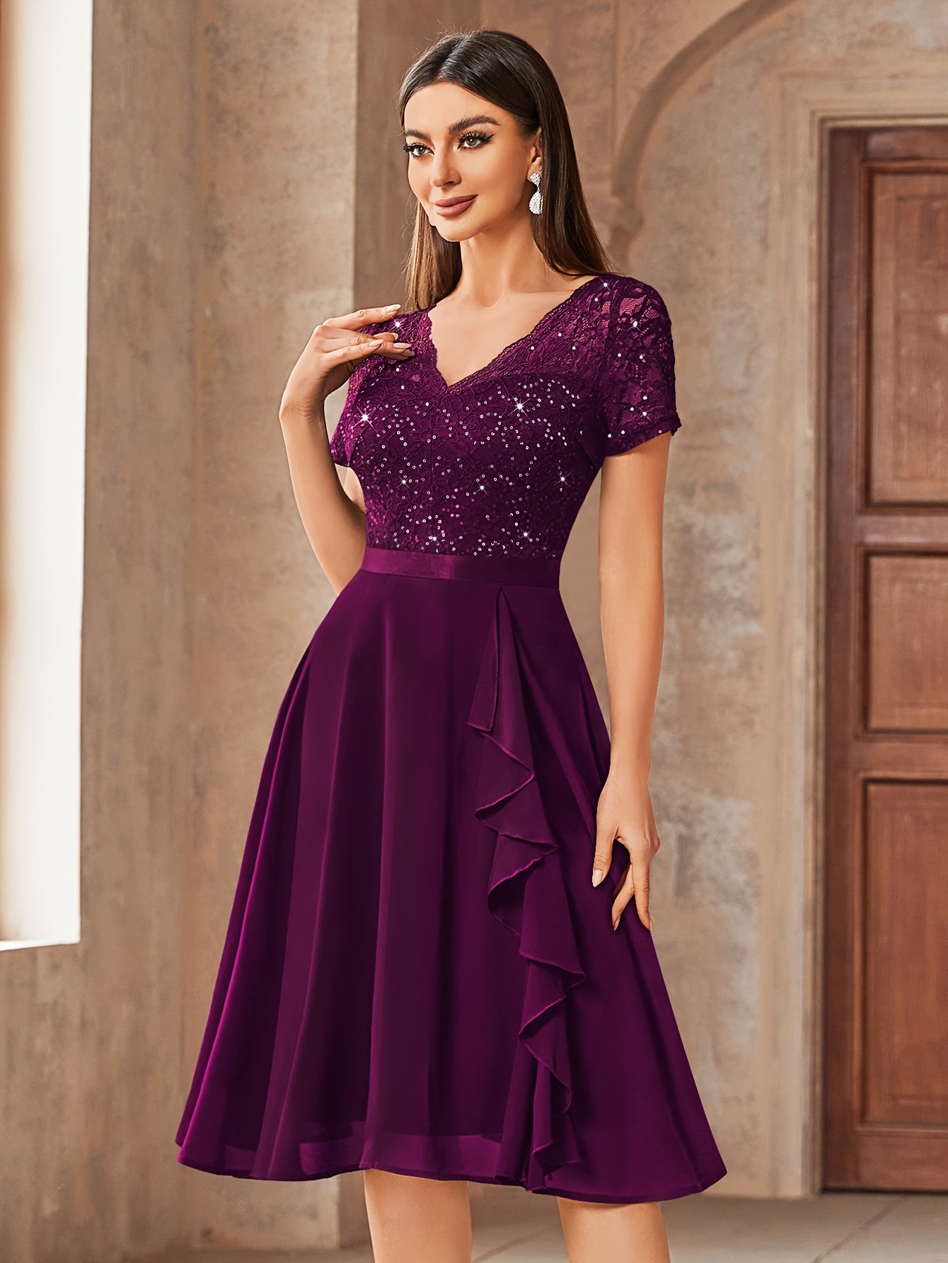 24224 Elegant Womens Sequin Lace Chiffon A Line Bridesmaid Dress, V Neck Short Sleeves, Ruched Ruffle Hem, Perfect for Graduation Season, Wedding Season, Summer Wedding Guest, Evening Party, Cruise Party And Birthday Celebration