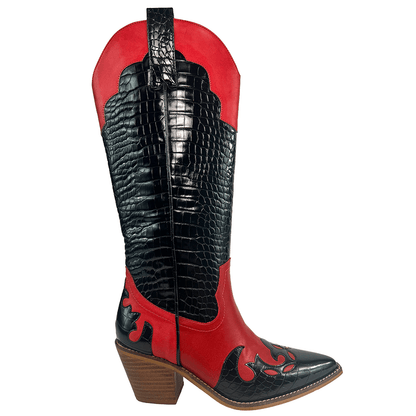 ARiderGirl Pamela Women's Western Cowboy Knee-High Boots Crocodile Printed Chunky Stacked Heel Pointed Toe Boots