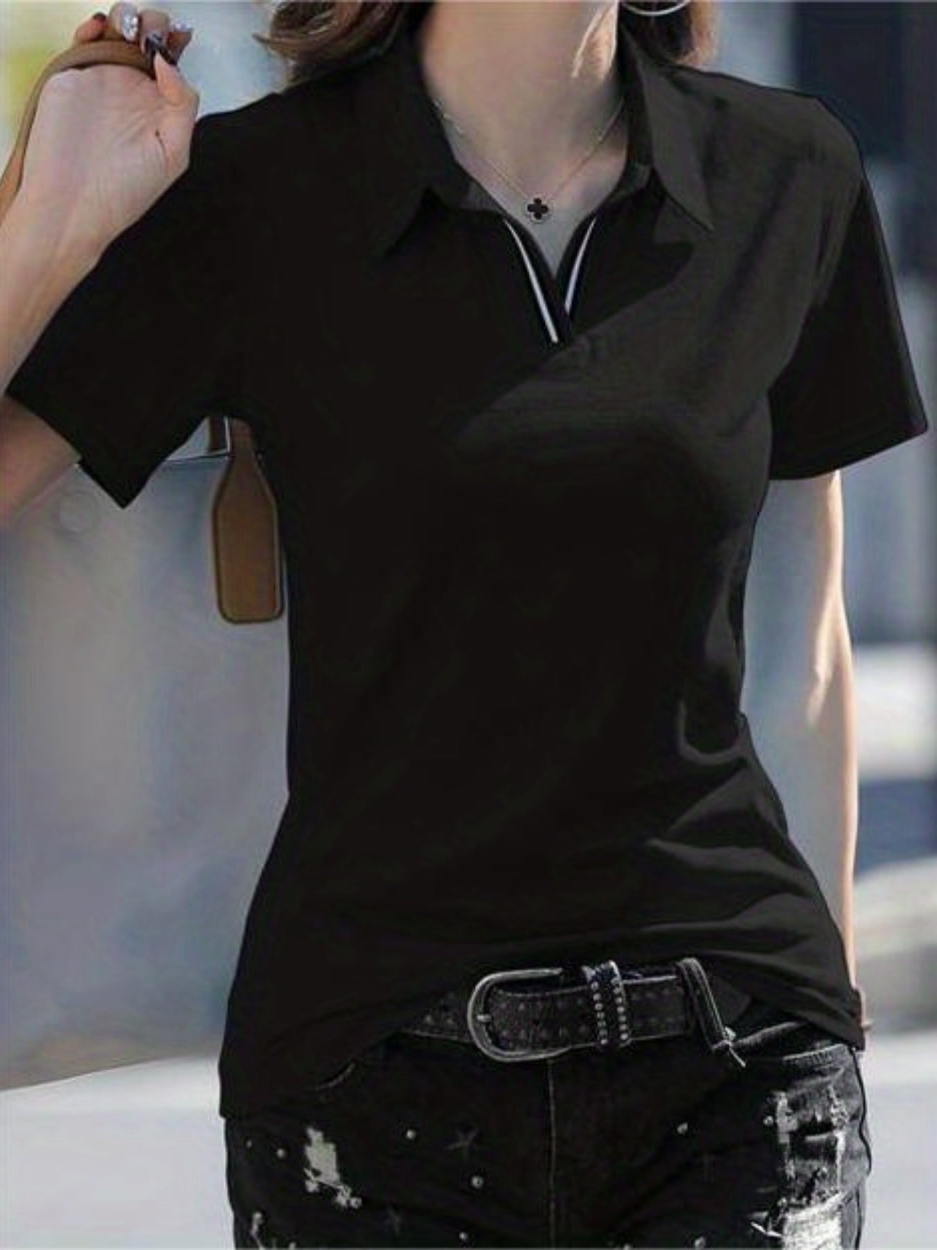 Women'S Casual V-Neck T-Shirt - Summer Short Sleeve Solid Color Top with Striped Collar & Waist Ribbon Detail, Machine Washable Regular Fit for Casual Attire, Comfortable Daily Tee, Stylish Ribon Detail, Smooth Fabric Tee
