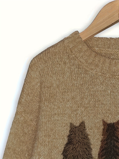 [Cozy Cat Sweater] Cozy Cable Sweater with Playful Cat Print | Women'S Beige & Brown, Loose Fit, Long Sleeve, Round Neck, Casual Spring And Autumn Top Ropa De Mujer Promotion Local Warehouse Discount