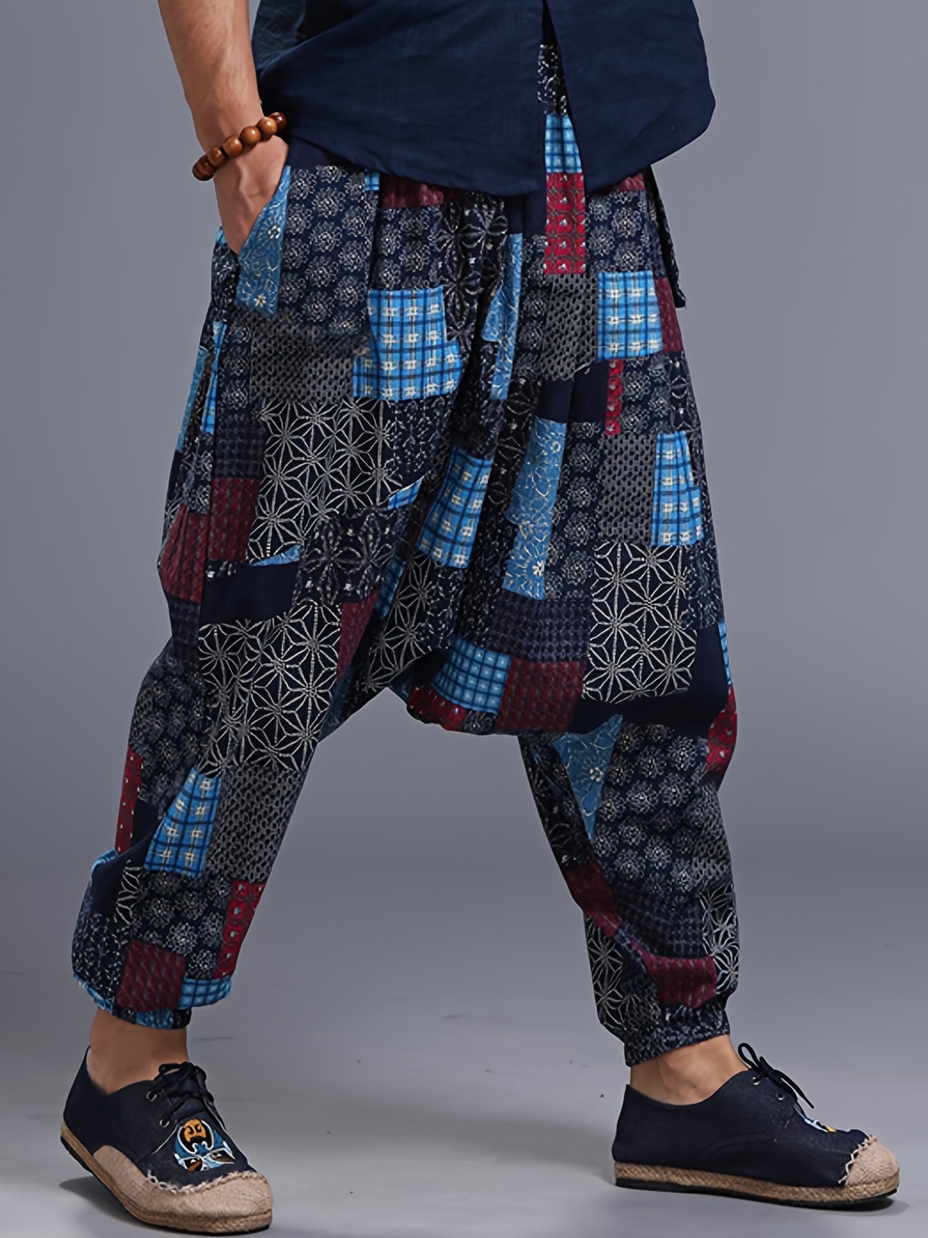 Men'S Stylish 100% Loose Colorful Fans Pattern Pants with Pockets, Casual Breathable Comfy Trousers for City Walk Street Hanging Outdoor Activities