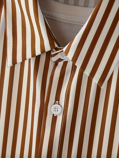2pcs Men'S Casual Summer Outfit Set, Striped Short Sleeve Button Up Lapel Shirt Top & Solid Drawstring Shorts With Pockets For Casual Daily Wear And Holiday Resorts