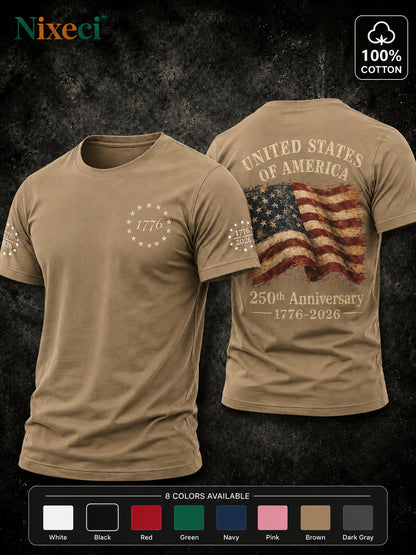 Nixeci Men's Pure Cotton American Flag Graphic T-Shirt, Vintage Print Crew Neck Short Sleeve Summer Casual Tee for Vacation, Father's Day, Independence Day, and Football Parties