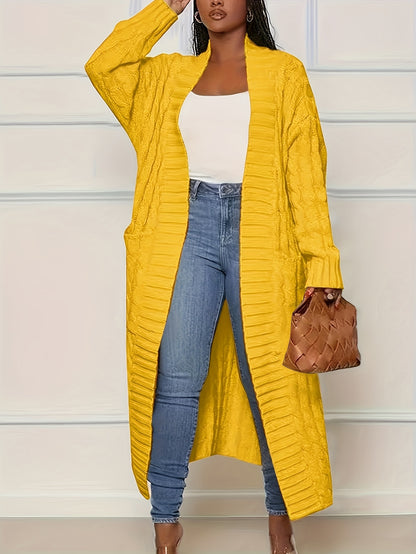 Plus Size, Large Size Twisted Flower Long Cardigan with Large Pockets, Loose Sweater Jacket for Autumn and Winter Fashion, Over the Knee for Outerwear