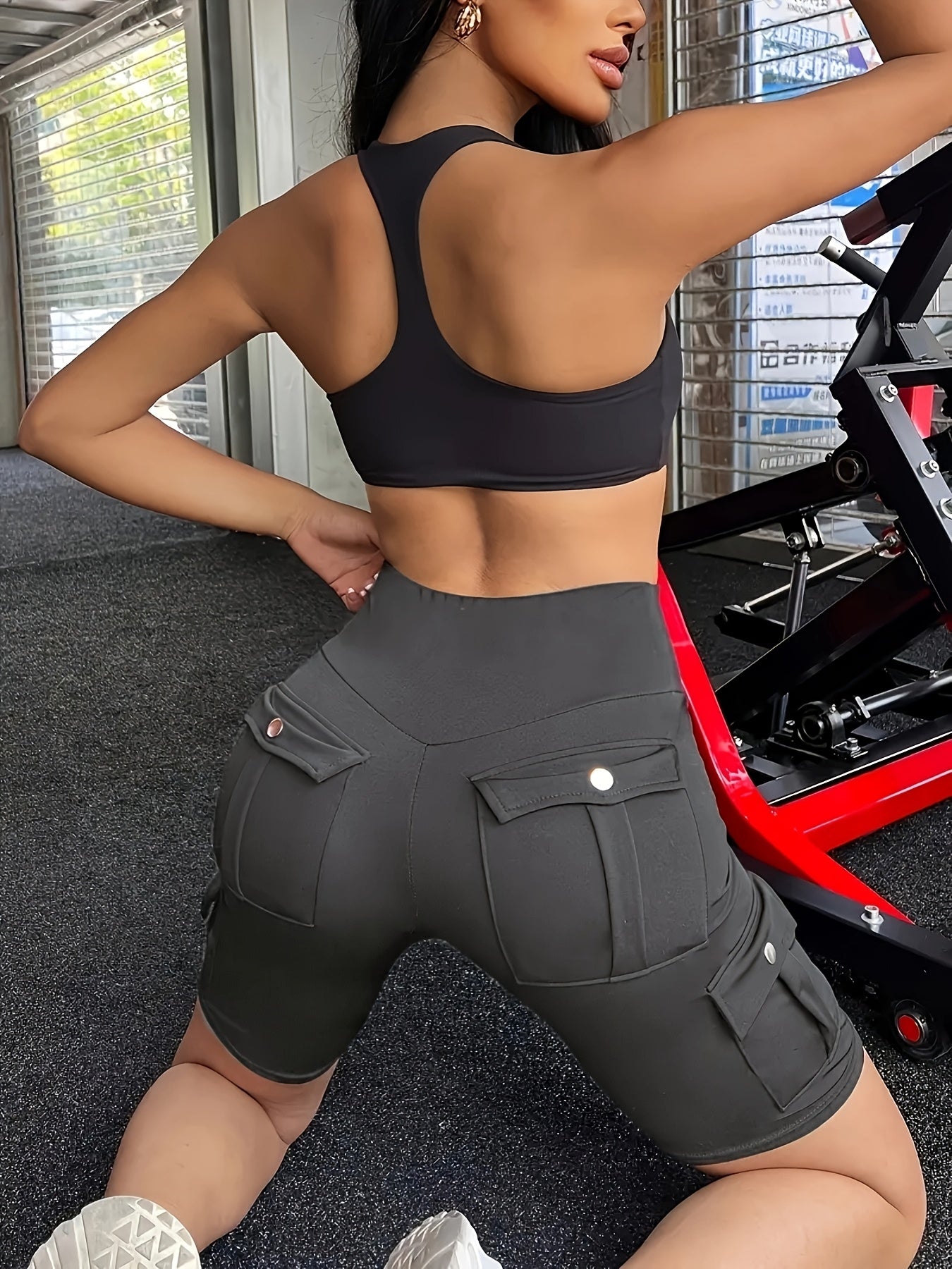 High Waist Women's Solid Color Sports Yoga Tooling Shorts with Pocket Design