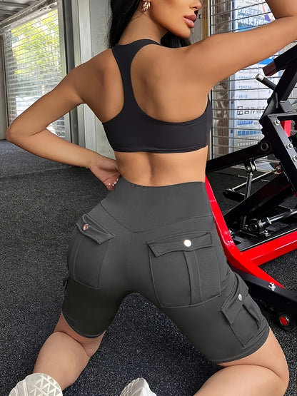 High Waist Women's Solid Color Sports Yoga Tooling Shorts with Pocket Design