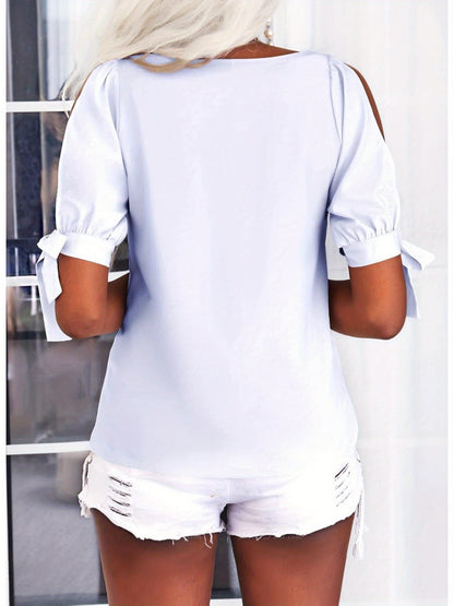 Women's Cold Shoulder Tops Short Sleeve V-Neck Casual Loose Cutout Summer Fashion Tshirts Blouse Shirts