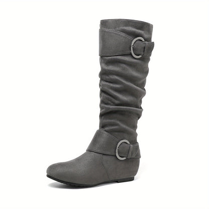 Women'S Knee-High Boots with Hidden Wedge Heel - Slip-resistant TPR Sole, Side Zipper Closure, Cushioned Insole - Winter Boots for Everyday & Formal Events - Black Boots (Easy On/Off), Seasonal Footwear, Sleek Design, Durable Construction, Office Wear