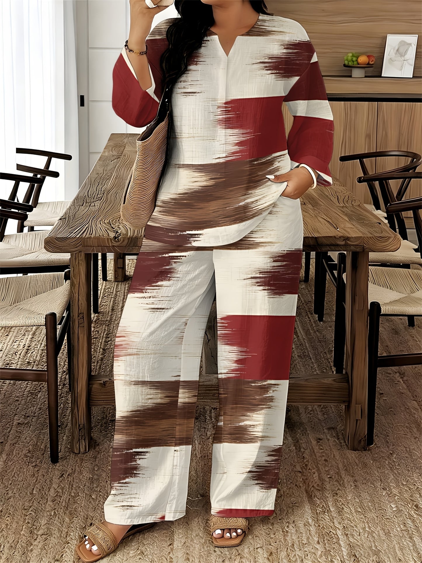 2026 New Women's Standard Size Long Sleeved Pants 2pcs Set, Set, Spring And Summer New V-Neck Long Sleeved Shirt Printed Elastic Waistband Pants 2pcs Set, Digital Printing Machine Washable Fabric, Elegant And Comfortable