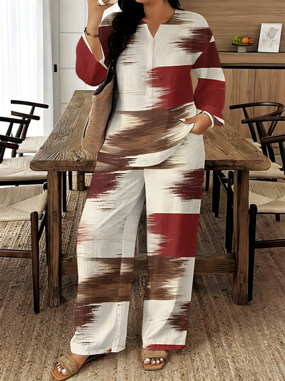 2026 New Women's Standard Size Long Sleeved Pants 2pcs Set, Set, Spring And Summer New V-Neck Long Sleeved Shirt Printed Elastic Waistband Pants 2pcs Set, Digital Printing Machine Washable Fabric, Elegant And Comfortable