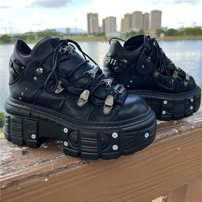 Casual Shoes with a Thick Sole And Black Metal Accents, Featuring a Unisex Retro Punk Design And Lace-Up Style
