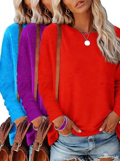 3pcs Women'S Spring And Autumn T Shirt Long Sleeve Chest Pocket Casual Comfort Top