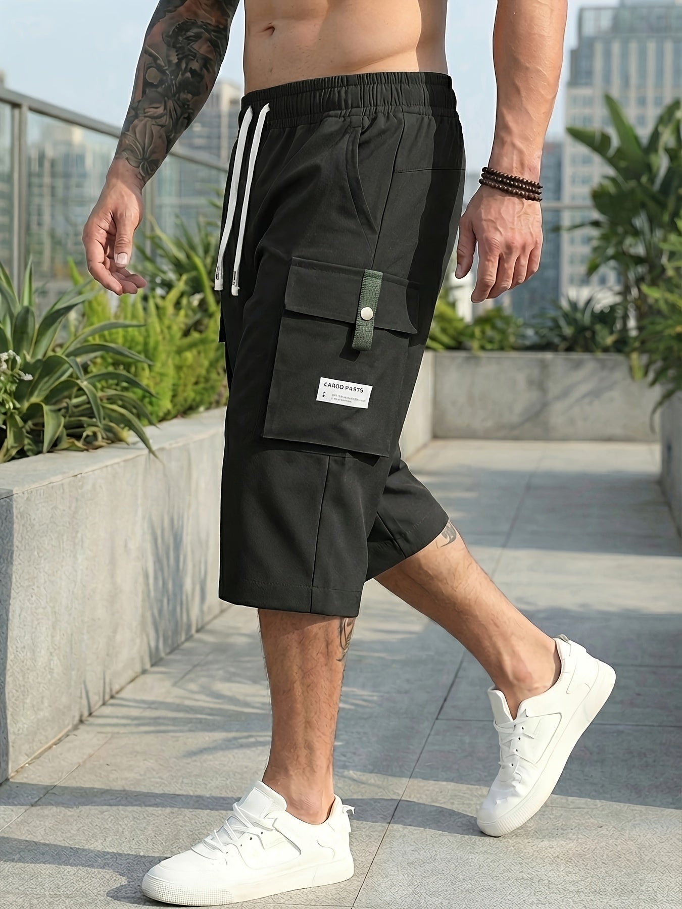 4pcs Men's Cargo Shorts with Ripstop Fabric & Multi-Pocket Design - Adjustable Waist, 7/8 Length Shorts Suitable for Outdoor Travel,, Sports, Casual Wear | Wristband Included | Machine Washable | Available in Black, Gray, Khaki, Army Green