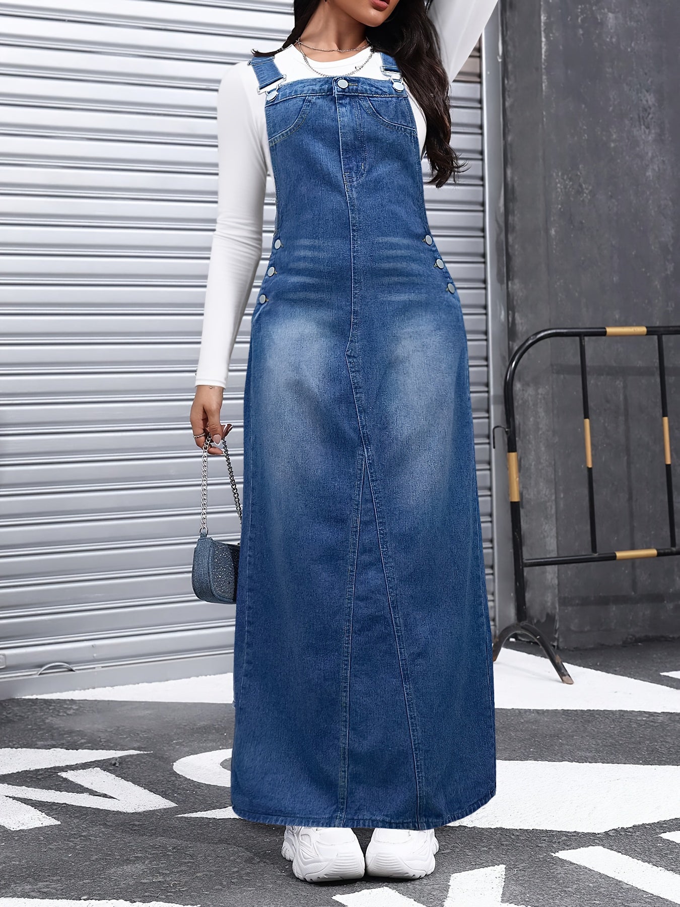 American Street Trend Women's Denim Overalls Skirt Jean Skirts for Women, Loose And Comfortable, Versatile for Commuting, Multi-breasted, Detachable Shoulder Straps, Long Skirt