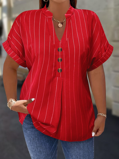 Plus Size, Striped Notch V-Neck Shirt with Faux Buttons Short Sleeve Simple and Plus-Size for Women Casual Top