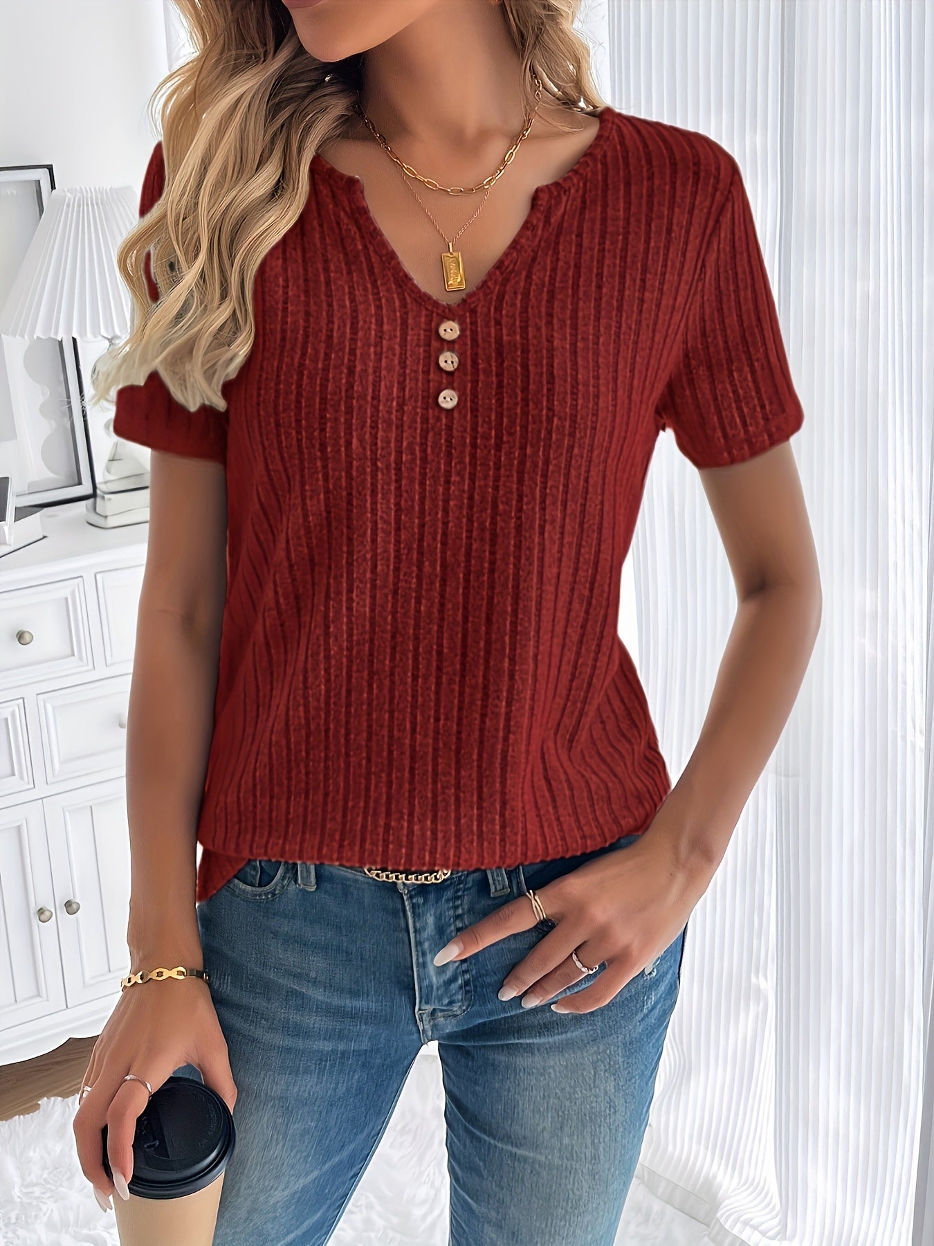 Elegant Spring/Summer Women's V-Neck T-Shirt with Chic Button Detail - Casual Ribbed Short Sleeve Top, Stretch Polyester, Machine Washable, Suitable for Everyday Style, Loose Fit Clothing | Button Detail Shirt | Structure