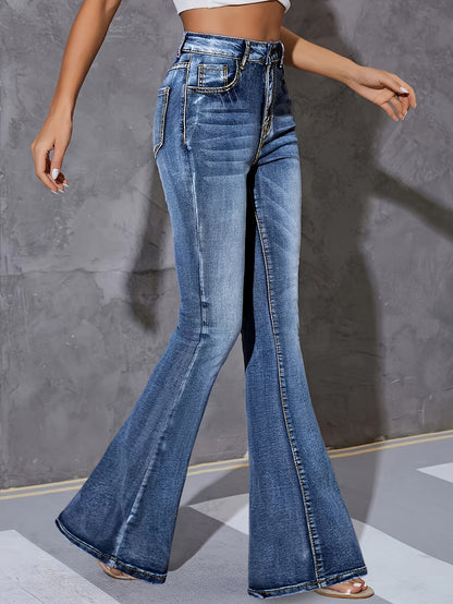 Fashionable And Versatile High-Waisted Stretchy Blue Flared Jeans for Women.