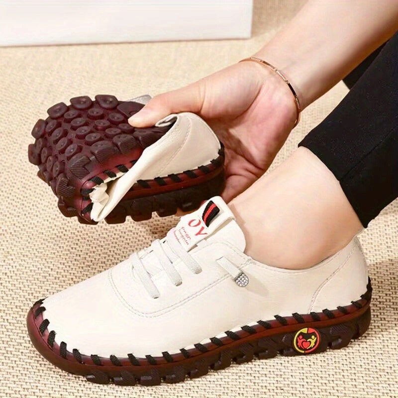 Women's Beige Slip-On Platform Loafers with Lace-Up Faux Cover - Round Toe Casual & Driving Moccasins, Rubber Sole & Cushioned Insole, - Comfortable Shoes Suitable for Driving, Casual Attire, Office & Semi-Formal Events, Women Shoes
