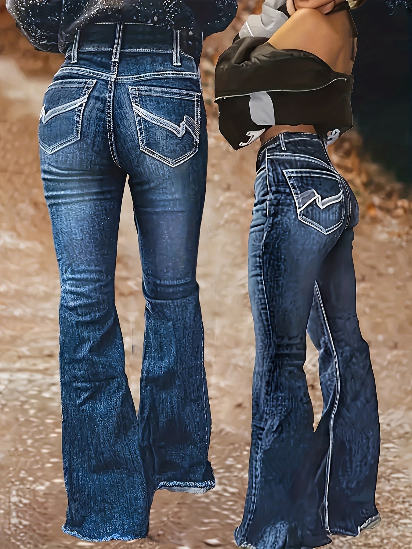 Women'S Denim Trousers Featuring Black Irregular Graphic Embroidery, a Spacious Back Pocket, High Waist, Flared Design, Durable Contrasting Color Wash, And Cat Whiskers, Embodying a Sophisticated Retro Aesthetic