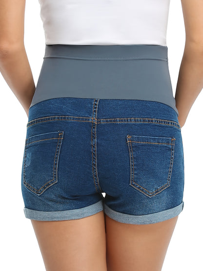 Women's Maternity Jean Shorts Over Belly Ripped Roll Up Hem Stretchy Denim Shorts Clothes For Summer Pregnancy