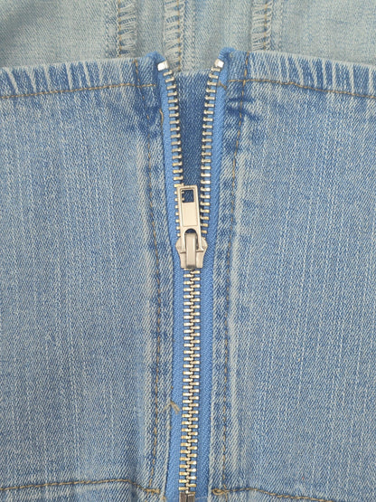 Women's High-Stretch Denim Bustier Top with Zipper-Front Closure - Slim Fit Solid Color (No transparency) | Machine Washable Non-See-Through Fabric | Spring Summer Fall Blouse for Casual & Dressy Wear | Elegant Stretch Denim Jacket