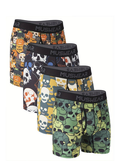 4pcs MUSWEAR Men's Boxer Briefs, Halloween Skull Print, Moisture-Wicking, Quick-Dry, Side-Opening, Long Length, Stretch Polyester with Spandex, Casual Sportswear Underwear