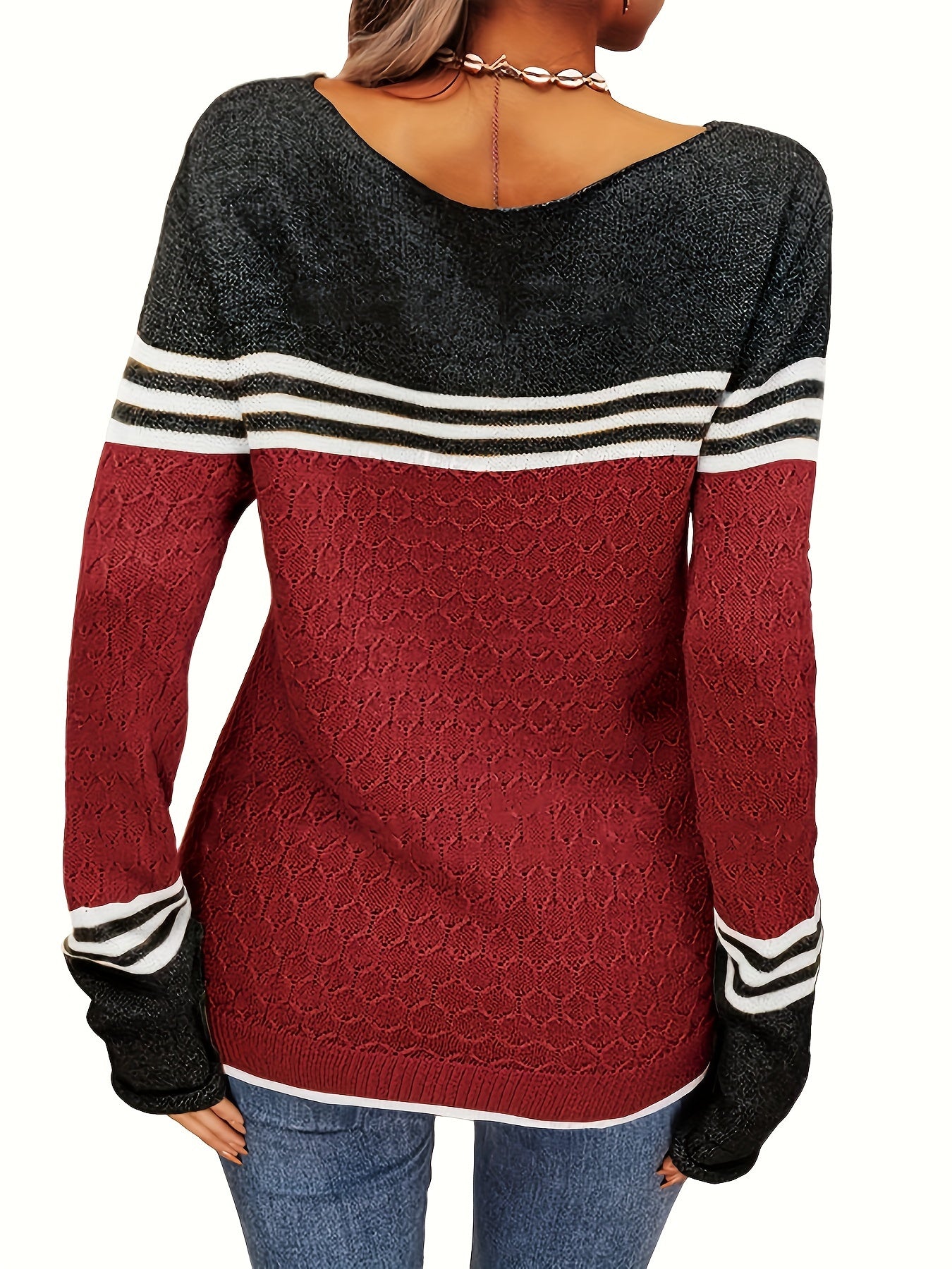 Women Autumn Winter Colorblock Pullover Sweaters Round Neck Striped Slim Fitting Knitwear Tops