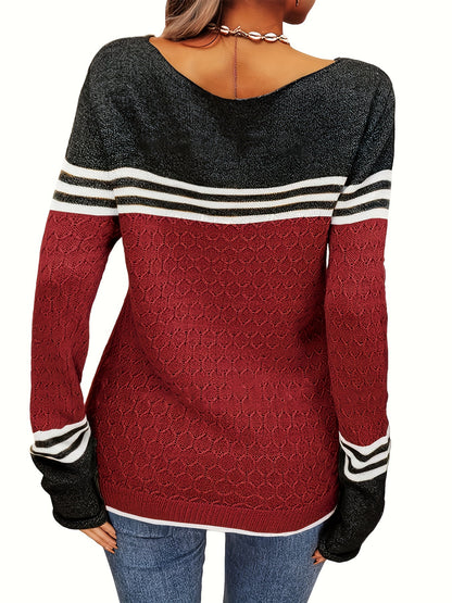 Women Autumn Winter Colorblock Pullover Sweaters Round Neck Striped Slim Fitting Knitwear Tops