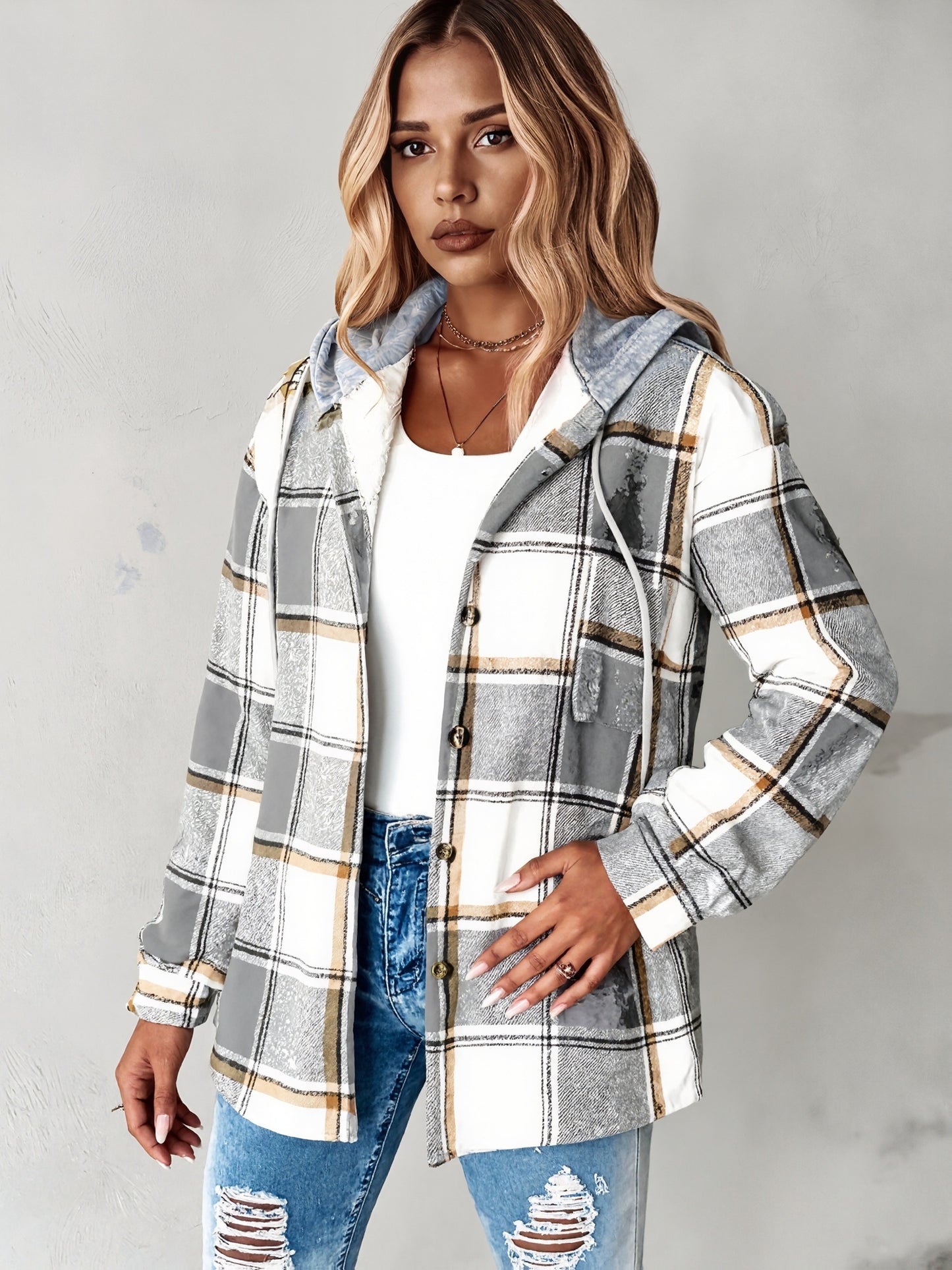 Women's Oversized Plaid Jacket with Fleece Lining - Hooded Winter Coat, Large Checkered Pattern (Black/Tan/Gray/White), Loose-Fit Casual Outerwear for Spring Fall Winter, Machine Washable Hoodie Jacket