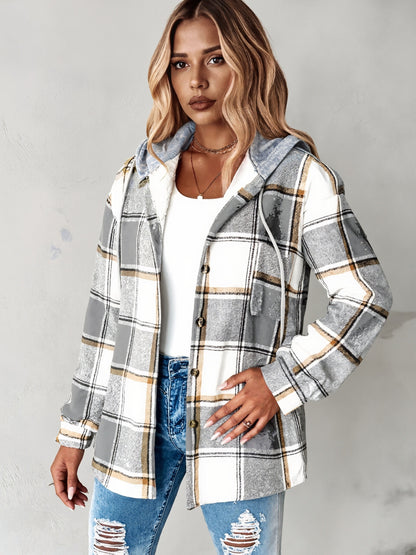 Women's Oversized Plaid Jacket with Fleece Lining - Hooded Winter Coat, Large Checkered Pattern (Black/Tan/Gray/White), Loose-Fit Casual Outerwear for Spring Fall Winter, Machine Washable Hoodie Jacket