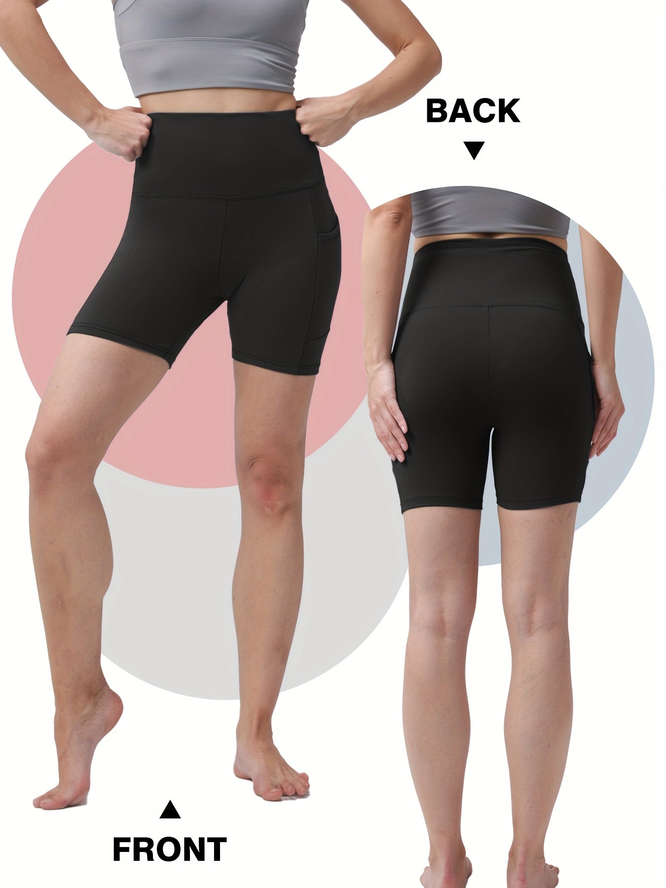 1pc Women's High-Waisted Yoga Shorts with Tummy Control & Pockets - Breathable Workout Gym Shorts, Tight-Fitting Low-Rise Athletic Pants for Summer, Gymnastics, Training (Black/Grey/Navy/Pink/ Brown) - Non-See-Through Quick-Dry
