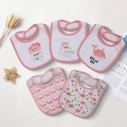 Kapital K 5pcs! Double - Layered Absorbent Cotton 5 - Piece Set with Cartoon Embroidery and Magic - Tape Adjustable Feeding Bibs for 0 - 3 Year - Olds, Boys & Girls