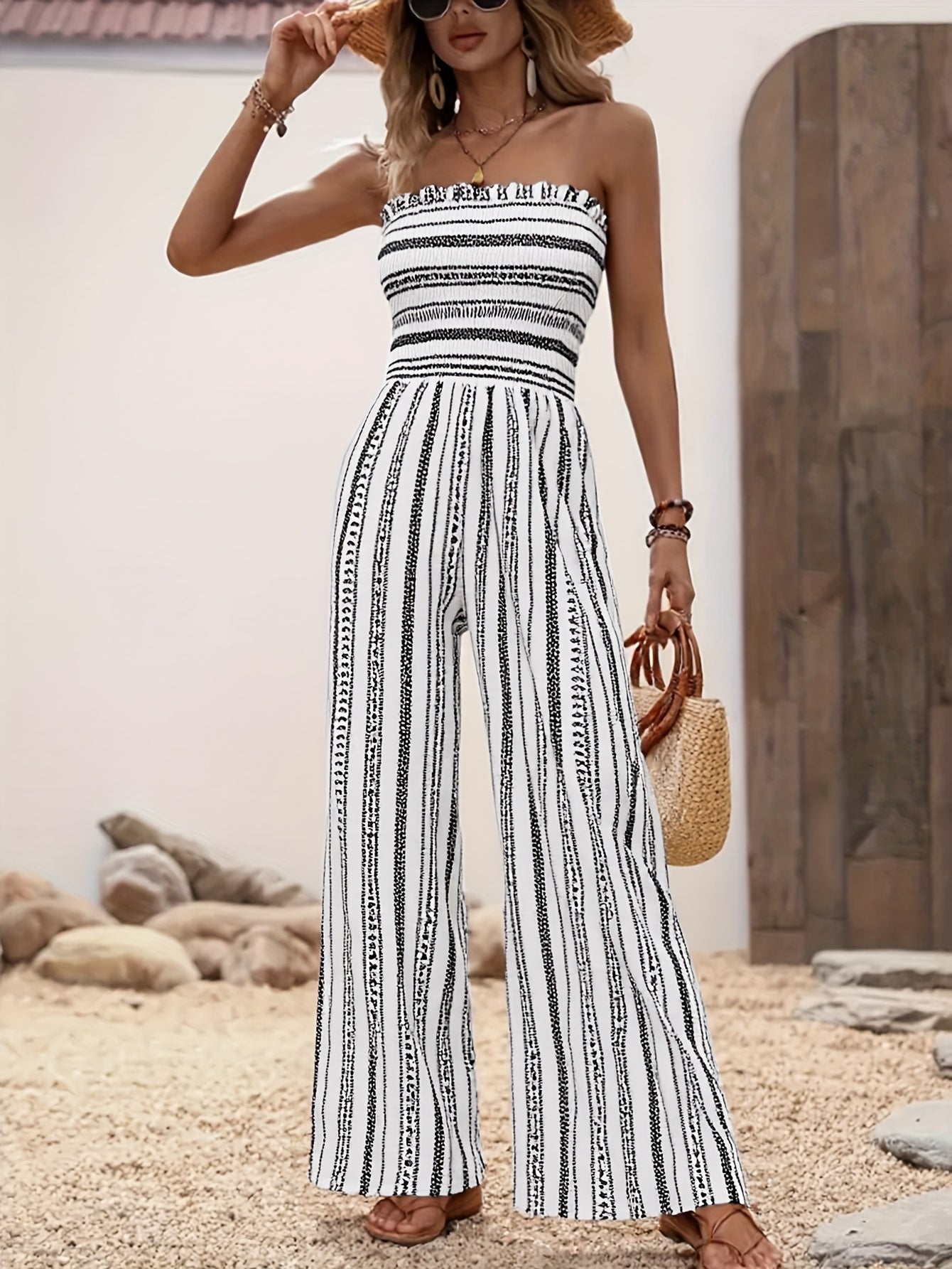 Women's Strapless Striped Jumpsuit, Black White Smocked Tube Top Wide Leg Jumpsuit, Casual Loose Summer Romper for Vacation & Daily Wear