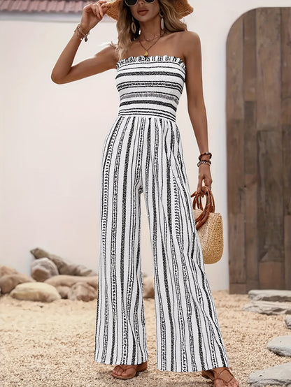 Women's Strapless Striped Jumpsuit, Black White Smocked Tube Top Wide Leg Jumpsuit, Casual Loose Summer Romper for Vacation & Daily Wear