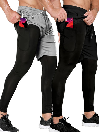 Set of 2 Men'S 2-In-1 Running And Workout Pants Designed for Gym Use, Featuring a Towel Loop