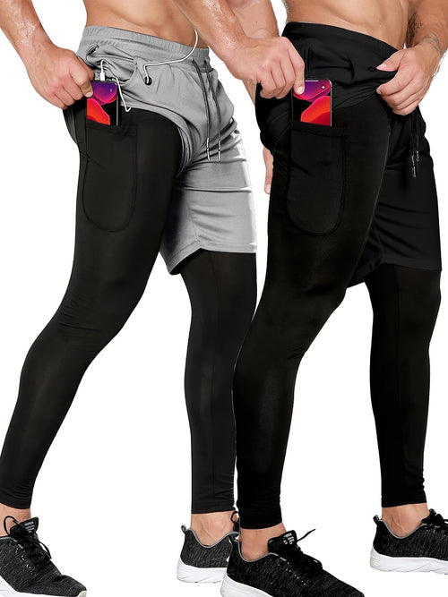Set of 2 Men'S 2-In-1 Running And Workout Pants Designed for Gym Use, Featuring a Towel Loop