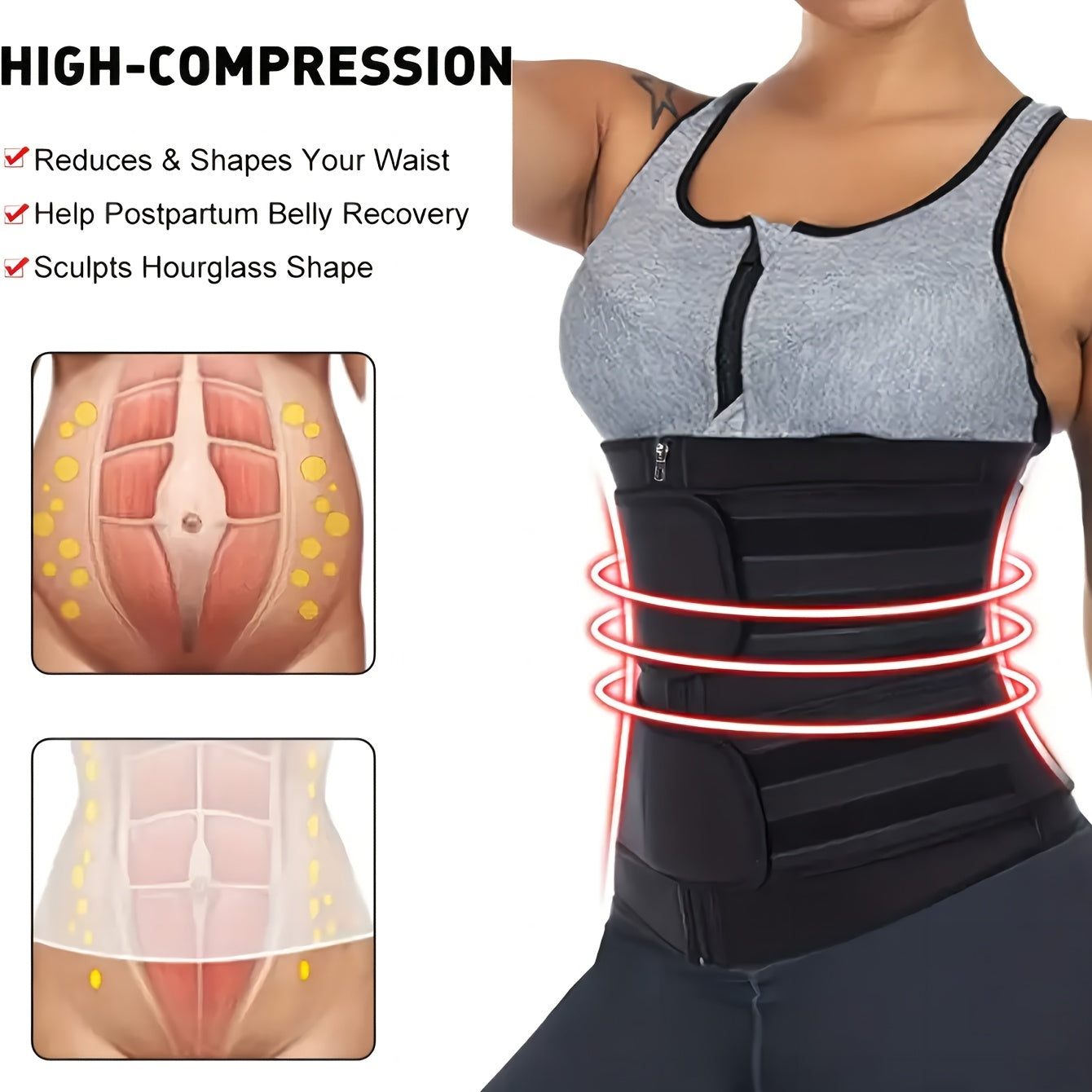 Women'S Waist Cincher with Zipper And Double Compression Straps, Sweat Enhancing Tummy Control Shapewear for Gym, Yoga, And Postpartum