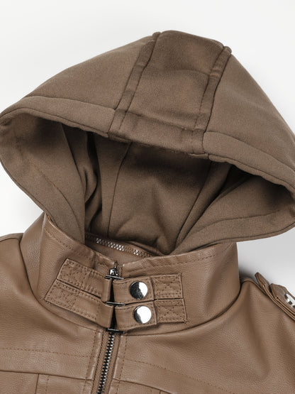 Women'S Faux Leather Jacket Hooded Autumn And Winter Faux Leather Jacket Women'S Faux Leather Jacket