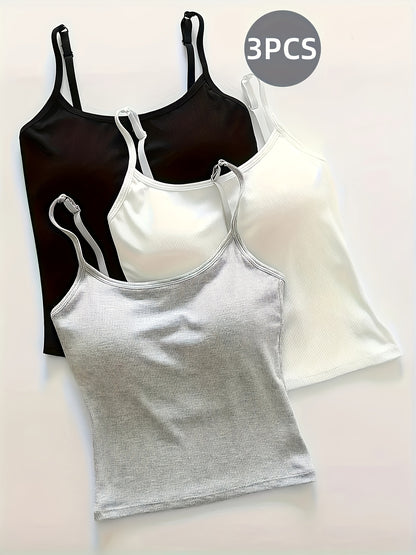 3-Pack Women'S Sleeveless Ribbed Sling Top with Built-In Bra Pad - Soft Adhesive, Elegant Casual Style, Black, Beige, Light Blue - Perfect for Casual Clothing