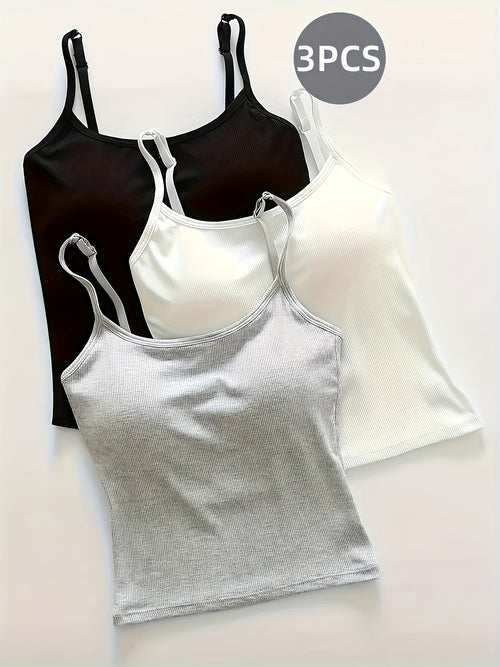 3-Pack Women'S Sleeveless Ribbed Sling Top with Built-In Bra Pad - Soft Adhesive, Elegant Casual Style, Black, Beige, Light Blue - Perfect for Casual Clothing