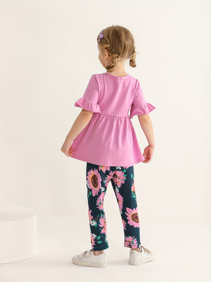 KuKitty Toddler Baby Girl Clothes Solid Color Flared Sleeve Ruffle Tops Sunflower Print Pants Outfits Set, Perfect for Outdoor