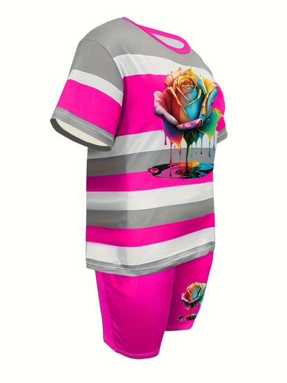 Women'S Casual Striped Short-sleeve Shorts Set, Featuring A Mix Of Floral And Striped Prints, With Pockets On The Shorts.