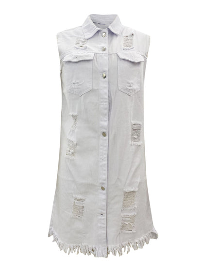 Sleeveless Ripped Back Raw Hem Long Vest Jackets, Butt Cover Button Closure Long Denim Coats, Women's Denim Jackets & Coats, Women's Clothing