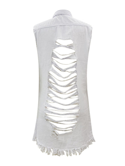 Sleeveless Ripped Back Raw Hem Long Vest Jackets, Butt Cover Button Closure Long Denim Coats, Women's Denim Jackets & Coats, Women's Clothing